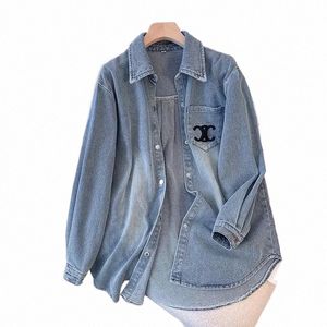 vintage haftowana dżinsowa kurtka koszuli damska i jesienna luźna szczupła kurtka w połowie długości 2024 Nowy styl koreański 88QR#
