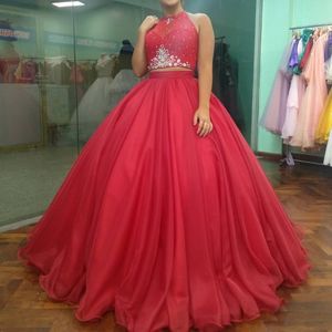 Sparkly Ball Gown Quinceanera Dress Sexy Open Back Two Piece Halter Lace up Crystal Sweet 16 Dresses Girls 15 Birthday Gowns 204a