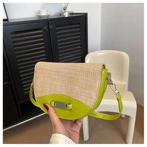 Drawstring Brand Designer PU Leather And Straw Contrast Color Women's Shoulder Bag Casual Lock Crossbody Saddle Handbag