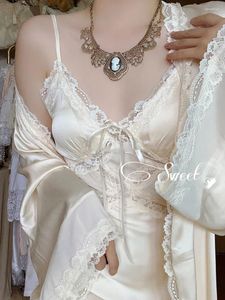 Home Clothing Women French Vintage Silk Fairy Victorian Nightwear Clothes Morning Robe Split Sexy Nightgowns Princess Sleepwear