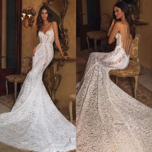 Berta Mermaid Chart Hochzeitskleid für Braut Spaghetti -Pailletten Fulllace Brautkleider Brautkleider Sweep Zug Illusion Rückenfreier Spitzenbeobachter Robe de Mariage 0515