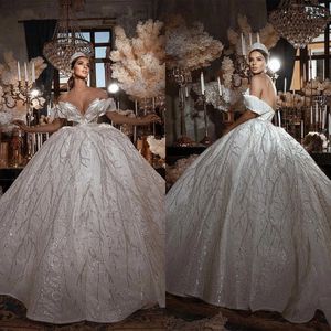 Gorgeous Ball Gown Wedding Dresses Shining Appliques Sequins Lace Backless Off Shoulder Court Gown Custom Made Bridal Plus Size Vestidos De Novia