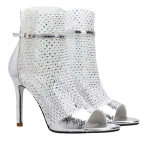 Kvinna sandaler skor 2024 sexiga höga klackar kvinnor bling rhinestone mesh damparty peep toe dragkedja sommarstövlar 59f3