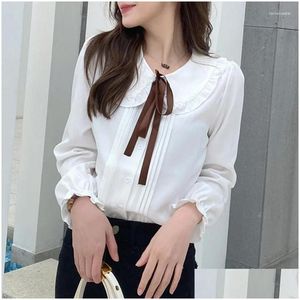 Women'S Blouses Shirts Womens Korean Fashion Loose Women White Blouse Elegant Casual Chiffon Shirt Woman Long Sleeve Sweet Bow Col Dhgux