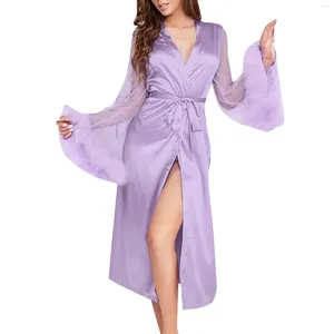 Hemkläderknapp ner Long Satin Robe Women's Soft Silk Pyjama Loungewear Sheer Mesh Furry Sleeve Kimono For Women Stora nattklänningar
