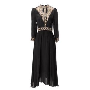 Europe and the United States women's 2024 summer new Stand collar with seven-point sleeves embroider fashion Black pleated dress