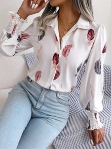 Women's Blouses Shirts Womens casual feather print collar long Sve shirt white blue Y240510
