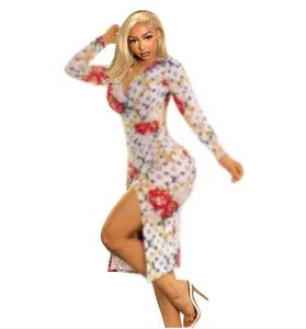 24SS 디자이너 여성 캐주얼 패션 섹시한 꽉 조이는 기질 파티 클럽 인쇄 디지털 분할 긴 슬리브 여름 드레스