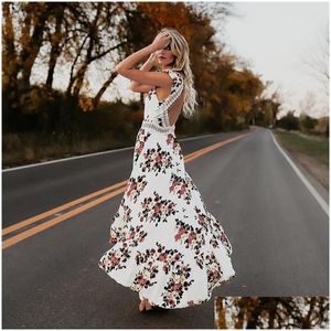 Grundläggande avslappnade klänningar Kvinnor maxi swing klänning sommar elegant blommig tryckt v hals sundress ärmlös backless boho party damer droppe dh2sj