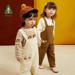 Clothing Sets Amila Baby Clothing 2023 Autumn Fashion Corduroy Fabric Chestnut Embroidered Cotton Knitted Pants SetL240502
