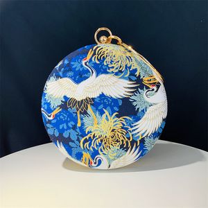 New Hengmei Handbag Crane Printed Small Round Bag Banquet Evening Bag Chinese Style Ladies Chain Cross-border Live Broadcast