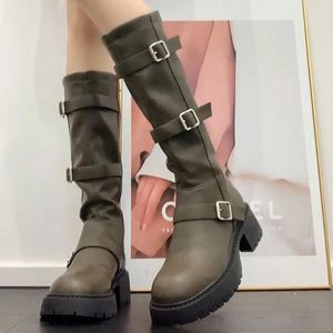 Botas de couro joelho altitude mulher marrom calcanhão quadrado metal fivela long Knight 2024 Sapatos de estilo punk zapatos