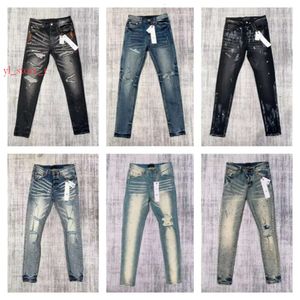 Purple Jean Designer Stack Jeans Street Hip-Hop Men broderi Quiltning Rippad Vintage Pant Mens Fold Slim Skinny Fashion Jeans Baggy 4A