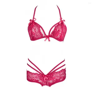 Bras sätter ut ihåliga bh och thong spetsnät sexiga underkläder outfit halter push-up underkläder för kvinnor set ropa interiör para mujeres