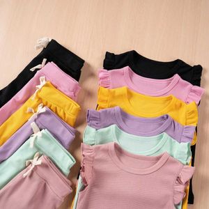 Roupas conjuntos de 6 colorido garotas shorts sólidos roupas de mangas de mosca tops bufles shorts cenas conjuntos de roupas infantis para crianças roupas de verão 0-6y