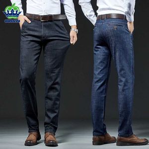 Herrbyxor Autumn Winter Mens Stretch Slim Fit Jeans Business Casual Office Classic Fashion Black Blue Straight Denim Trousers Man Y240514