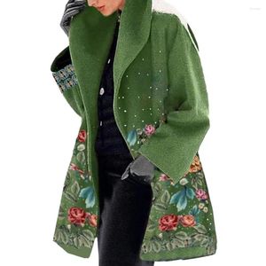 Kvinnorjackor Kvinnor Jacka Elegant blommigt tryck Winter Coat med nedslagen krage plus storlek Midlängd Cardigan tjock varm för hösten