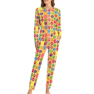 Women's Sleepwear Colorful Dog Paws Pajamas Striped Print Trendy Pajama Sets Lady Two Piece Bedroom Oversized Custom Nightwear Birthday