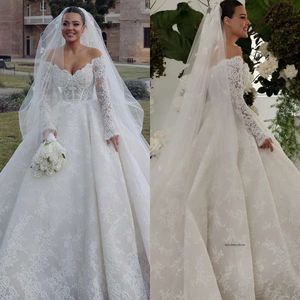 BOHO Ballkleid Hochzeitskleid für Braut von Schulter Fulllace Brautkleider Langarm Rüste Robe de Mariage Spitzenfräge Brautkleider 0515