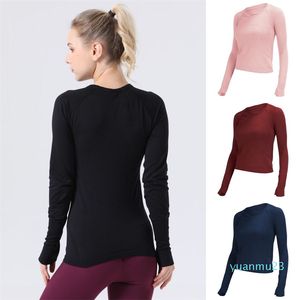 T-shirt a maniche lunghe di LL Donne Yoga Top ad alta elastica in corsa traspirante per asciugatura rapida a manica corta senza cucitura da palestra da jogging da jogging abiti da fitness