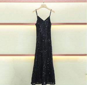 2024 Summer New Maje Design Rebellious Thousand Gold Loose Sequins Show Slim Temperament Sequins V-neck Strap Dress Children