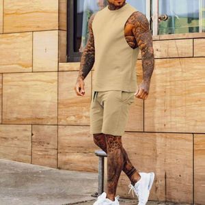 New Casual Thin Quarter Pants Sleeveless Top Solid Color Kam Shoulder Shorts Two Piece Sports Set for Men M515 33