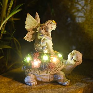 Decoração de jardim de tartaruga estátuas de tartarugas solares ao ar livre com fadas Angel Lights Tartaruga para pátio, varanda, quintal, decorações com luzes LED ornamentos