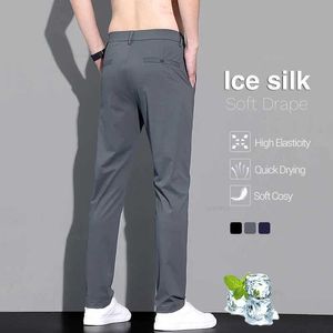 Men's Pants Summer Thin Mens Casual Pants with High Elasticity Drape Ice Silk Smooth Business Straight Solid Color Suit Trousers Black Gray Y240514