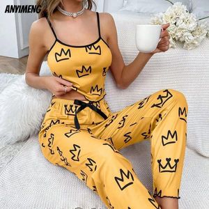家庭用衣類クラウンプリント女性スリングワイドレッグパジャマセットファッションピジャマソフトミルクシルクスリープウェアカジュアルレディセクシーなナイトウェア