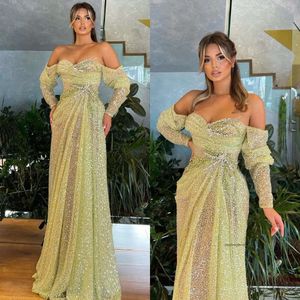 Elegant Green Sequins Evening Off Shoulder Sleeves Beads Formal Long Party Prom Dress Pleats Dresses For Special Ocn 0515