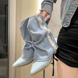 أحذية Slip-on Cowboy Woman Design Point Toe Mid Calf Botas Ladies Wide Fit Cheeled Western Bootin Shoe مع هامش