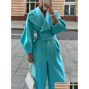 Women'S Tracksuits Womens Coat Fall Outfits Women Suits Notched Lantern Sleeve Short Blazer Top Wide Leg Trousers Two Piece Sets 202 Dhbcm