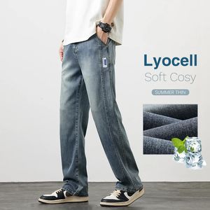 Summer Mens Ultrathin Jeans Straight Loose Lyocell Comfort Troushers Fashion Fashion Retro azul e preto calças de jeans 240430