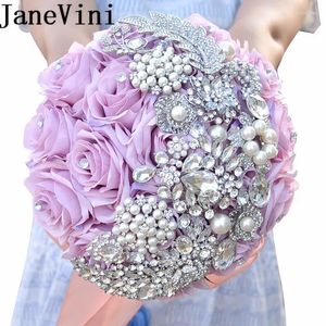 Wedding Flowers JaneVini 2024 Luxury Purple Flower Bridal Bridesmaids Bouquet Handmade Silk Roses Bling Rhinestone Fleur Mariage