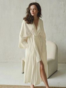 Hemkläder txii bomullsdamer nattklänning snörning upp mantel långärmad nattkläder badrock i mitten av kalvklädkläder för kvinnor