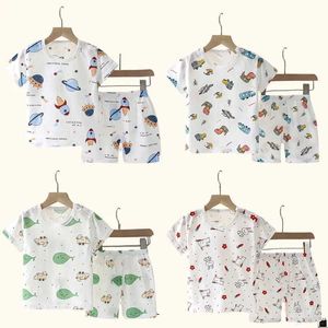 Pajamas Childrens clothing summer short sleeved home pajamas childrens set boys and girls T-shirt cotton d240515
