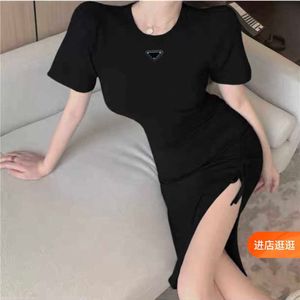 Basic & Casual Dresses designer New Summer Women's Style Drawstring Waist Wrap Hip T-shirt Dress Round Neck Short Sleeve Slim Split Mid Length 7U8O