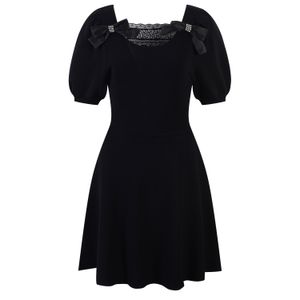 Vestido de cintura de cor sólida preta de verão, vestidos casuais curtos de manga curta Y4W09225001