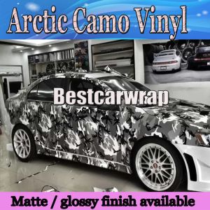 Klistermärken Blue White Black Snow Camo Vinyl Car Wrap Styling med Air Rlease Gloss / Matt Arctic Camouflage Foil Truck som täcker 1.52x 30M /4.9