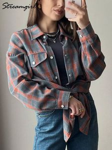 Vintage Oversize Plaid Shirt For Women Long Orange Plaid Tops Oversized Blouse Orange Women s Loose Plaid Shirts Long Sleeve 240515