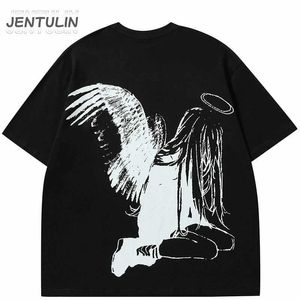 T-shirts masculinos Mens T-shirt Rua Roupa de rua japonesa Harajuku desenho animado Angel Wings Graphic Summer 2024 Hip Hop Anime Top Cotton Y2K Q240514