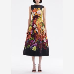 유럽 ​​패션 브랜드 면화 검은 꽃 인쇄 승무원 목 슬리빙 조끼 조끼 미디 드레스