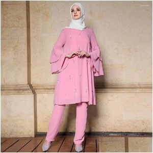 Ethnic Clothing Muslim Abaya For Woman Pink Hand Sewn Drill Lotus Sleeve Two Piece Set Khimar Islam Malaysia Baju Kurung Drop Delive Dh0Gi