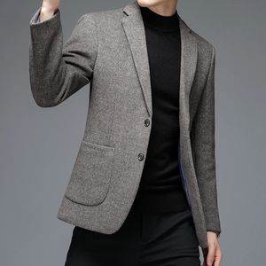 Men Beige Gray Woolen Suit Jacket Cashmere Wool Blend Blazer For Spring Autumn Winter Outfits Male England Style Attire Timeless 240430