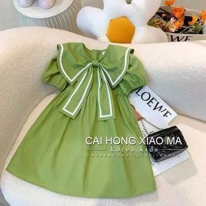 Girl's Dresses Girls Academy Style Green Summer Dress Korean Edition Childrens Fresh and Cute Princess Dress Fashion Bow Dress New 2024 d240515