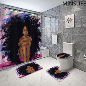 Duş perdeleri güzel yalnız Afrikalı kız dayanıklı kumaş perde banyo seti Afro kadın kaymaz halı halı halı tuvalet koltuk kapağı setleri