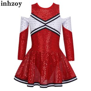 Vestido de líder de torcida da dança para meninas crianças Cheer líder uniforme fantasia de manga longa ombro lantejas brilhantes contraste color dance vestido de dança