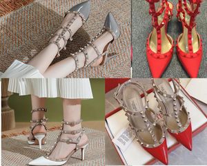 Märke kvinnor pekade sandaler designer lyxiga sexiga nitar sandaler super 6cm 8 cm 10 cm höga klackar bröllopskor stor storlek 34-44 +dammväska