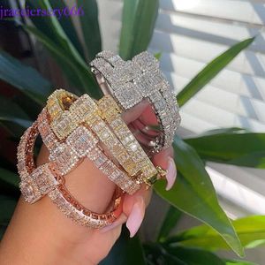 New Gold Sier Color Opened Square Zircon Charm Bracelet Iced Out Bling Baguette CZ Bangle For Men Women Jewelry