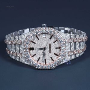 Stylish and classic mens fully iced out moissanite round brilliant cut diamond watch in stainless steel with VVS clarity